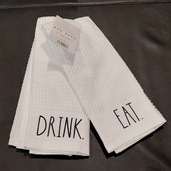NWT RAE DUNN White Eat Drink Kitchen Towels Set of 2